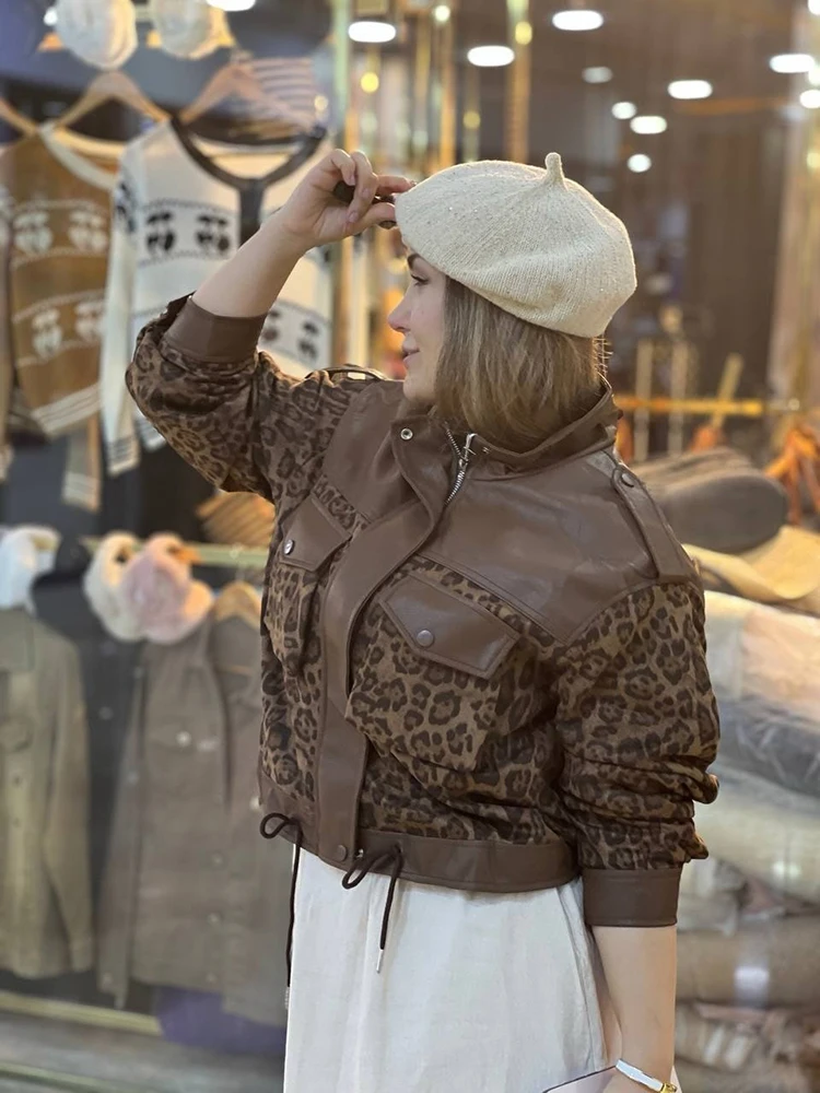 Schicke Jacken mit Leopardenmuster und Kunstfell-Einsätzen für Damen, Reverskragen, Reißverschluss, lange Ärmel, elastische Taille, Herbst-Alltags-Streetwear 2026 – Detail 6