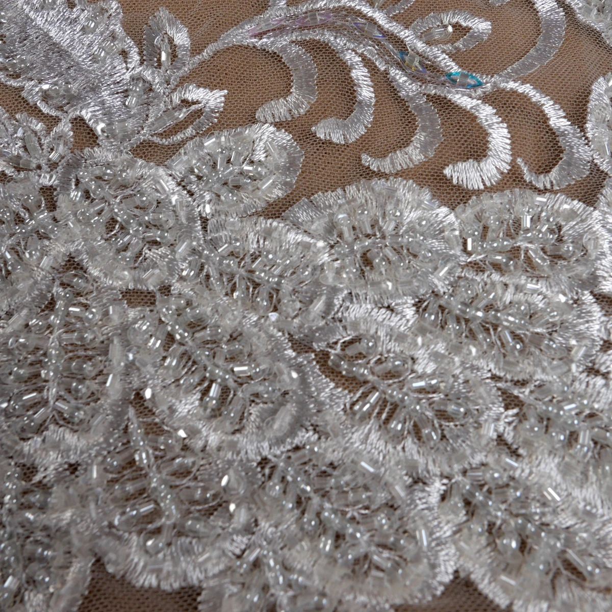 White hand beaded sequins lace embroidery cut wedding dress stage dress cloth patch one piece