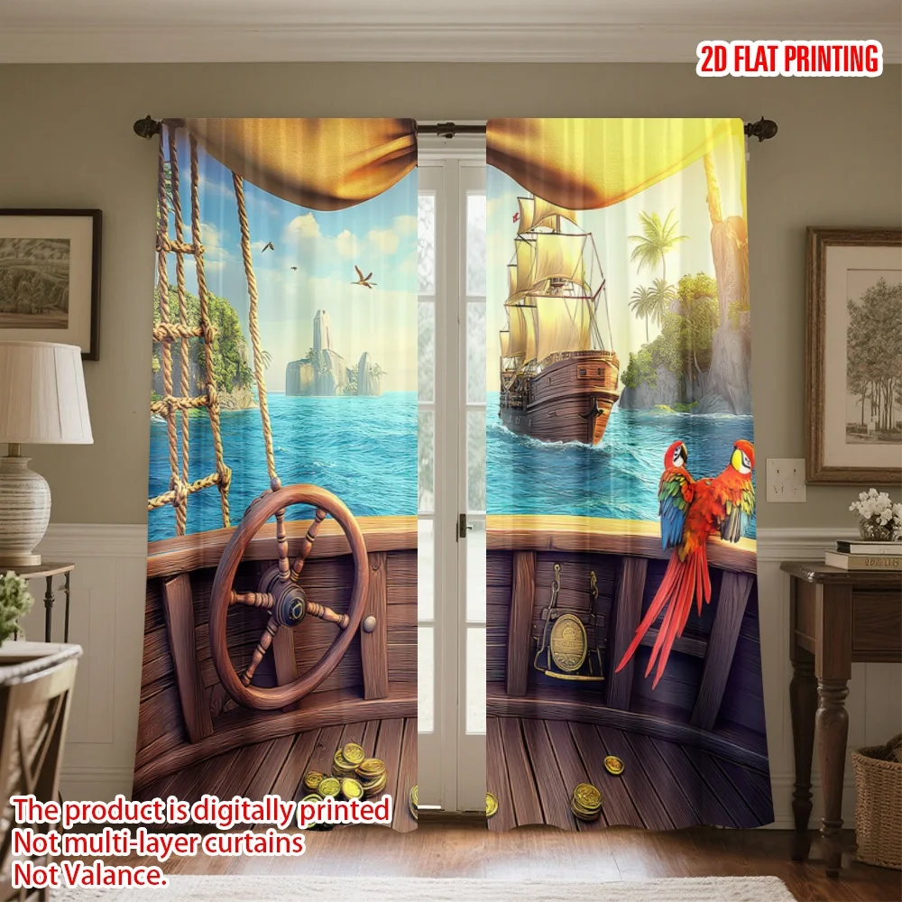 3D Pirate Ship Window View Blackout Curtains - Parrot and Compass Print Living Room Bedroom Decor Drapes