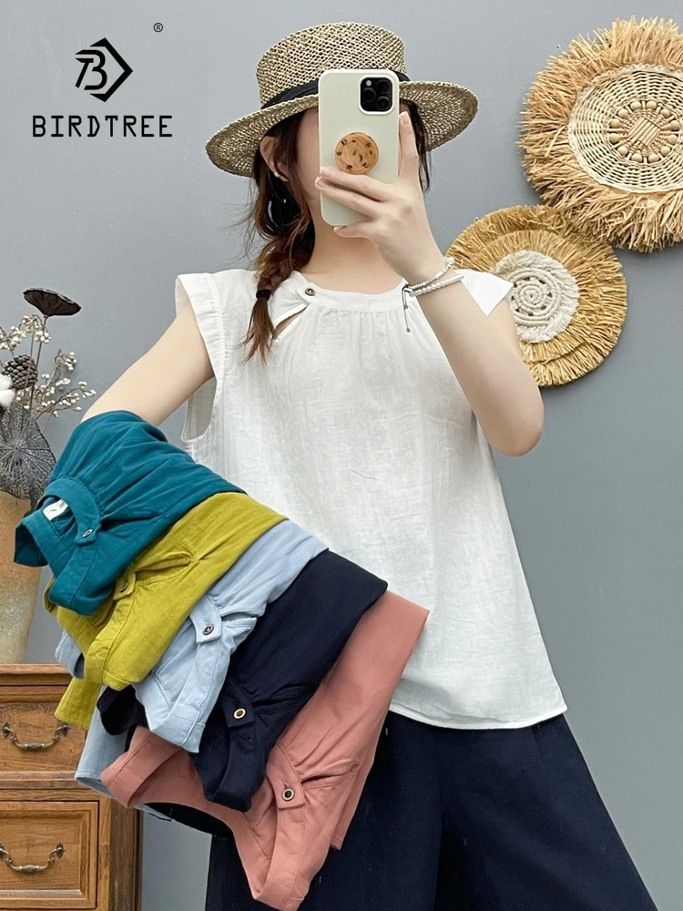 New 2026 Summer Women Cotton Yarn Flying Sleeve Shirt, O Neck Buttons, Mori Girl Fashion Design Sense Thin Loose Blouse T66919CC