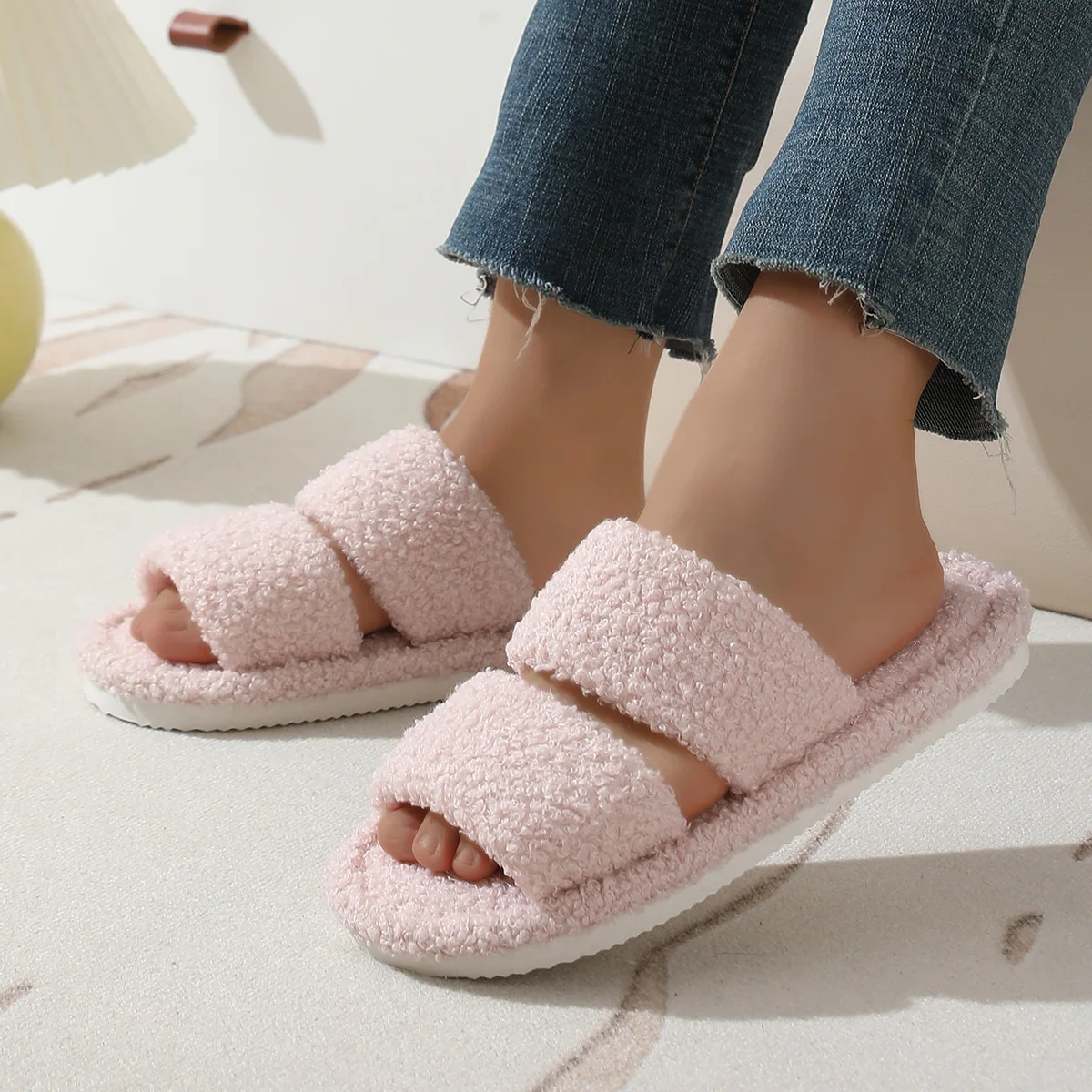 

Women Fluffy Slippers Indoor Home Slipper Fuzzy Open Toe Shoes Ladies Living Room Soft Sole Non Slip Warm Slides Chaussure Femme