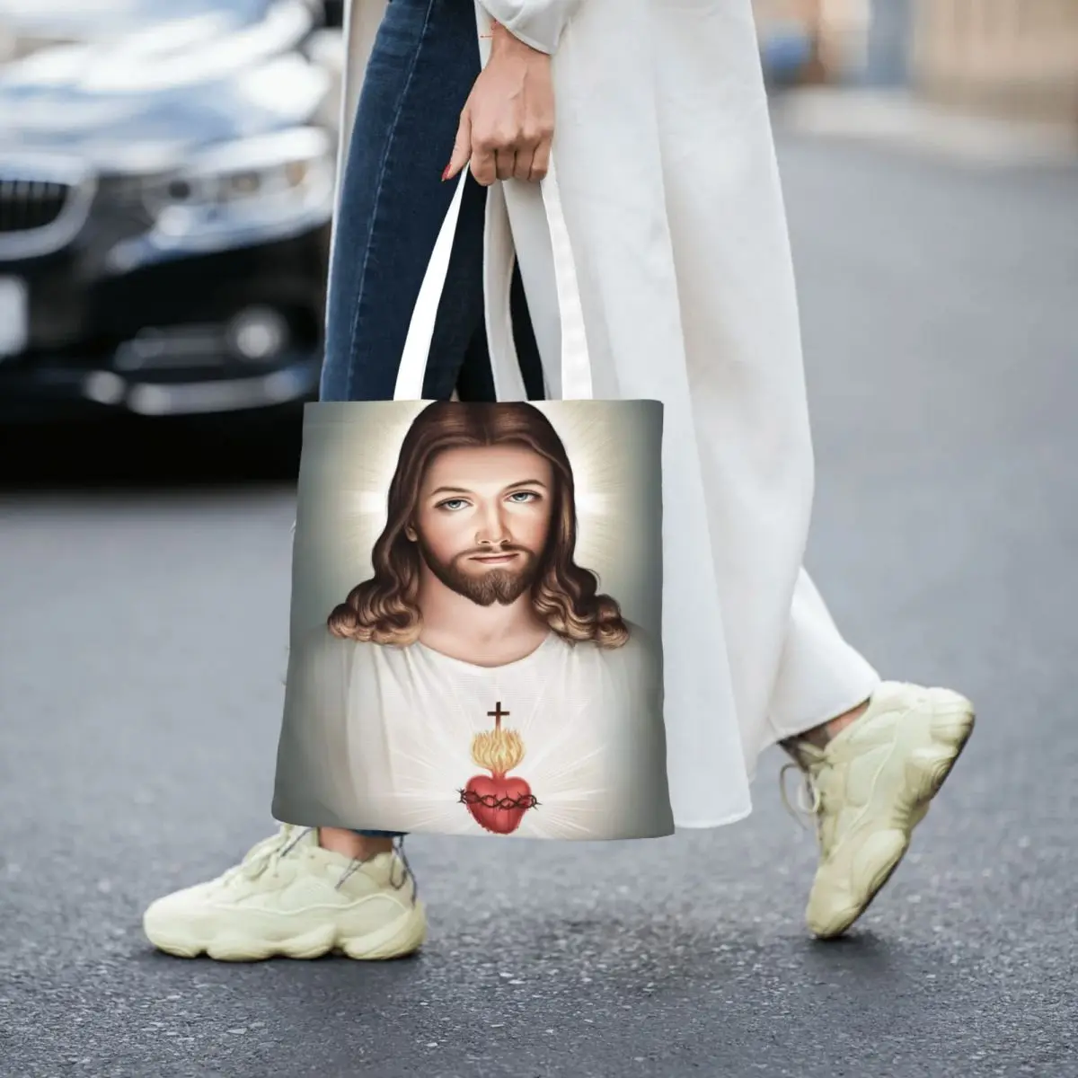 Sacola de lona do coração sagrado para homens e mulheres, sacolas de compras católicas religiosas, Y2K, Santo Jesus Cristo, design exclusivo