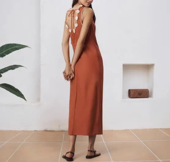 

Women's Early Autumn Sleeveless Dress with Floral Pearl Collar Slit Skirt Detail Elegant Fashionable