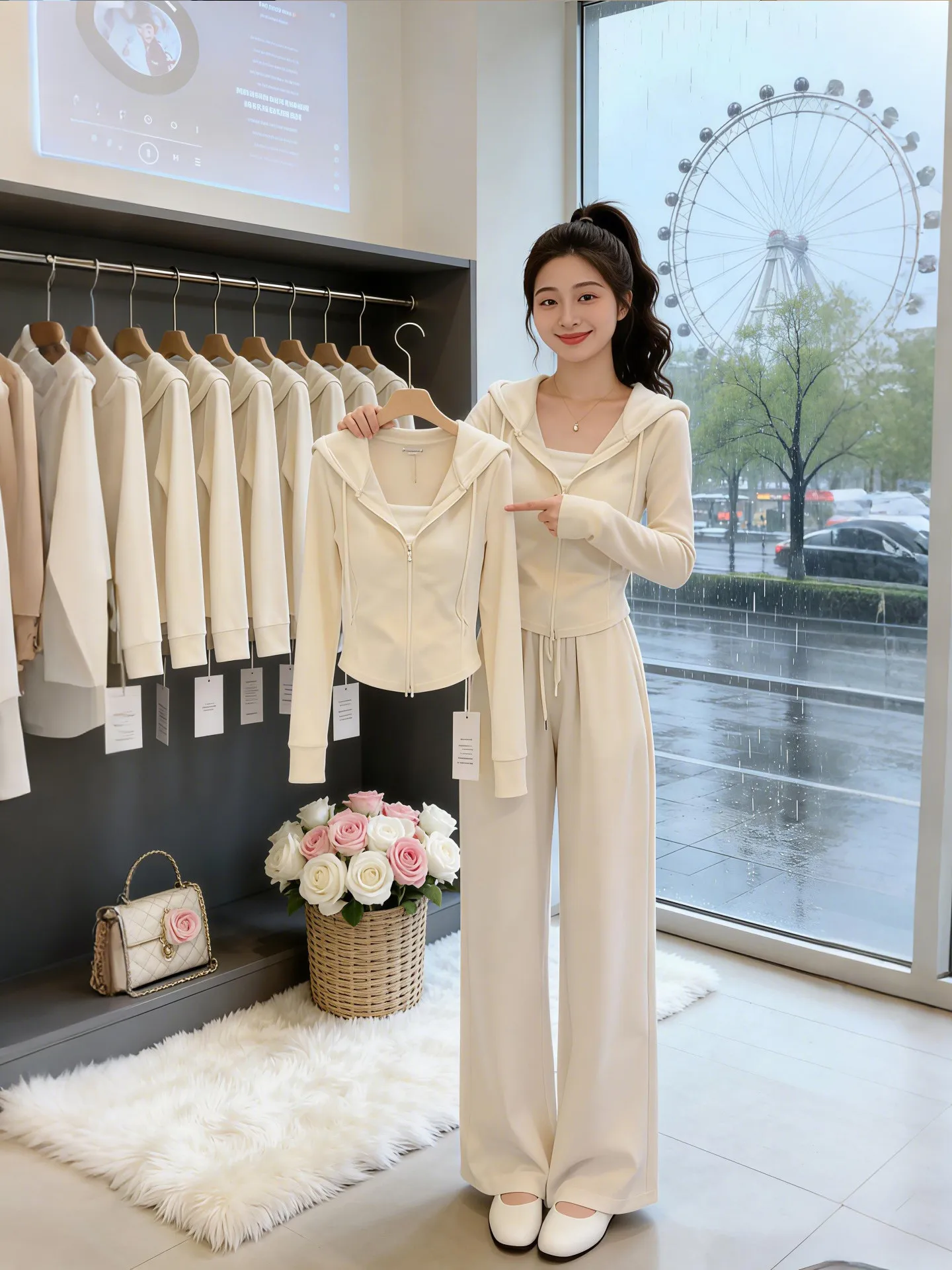 

Elegant Sporty Women's Two-Piece Set Light Tawny Sweatshirt Casual High Waist Pants Commute Style Spring Autumn Fashion