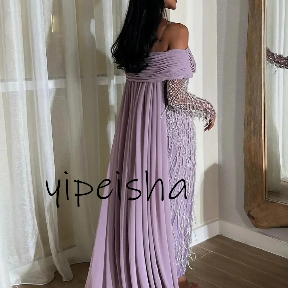 Customized Fashion Luxurious Black Chiffon Prom Dress Off the Shoulder Beading Ankle Length Formal Occasion Dresses