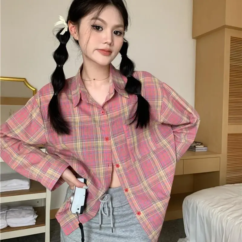 

2023 Spring and Autumn Long Sleeve Women Shirt Casual Versatile Pink Plaid Tops Sweet and Cute Thin Shirt Female