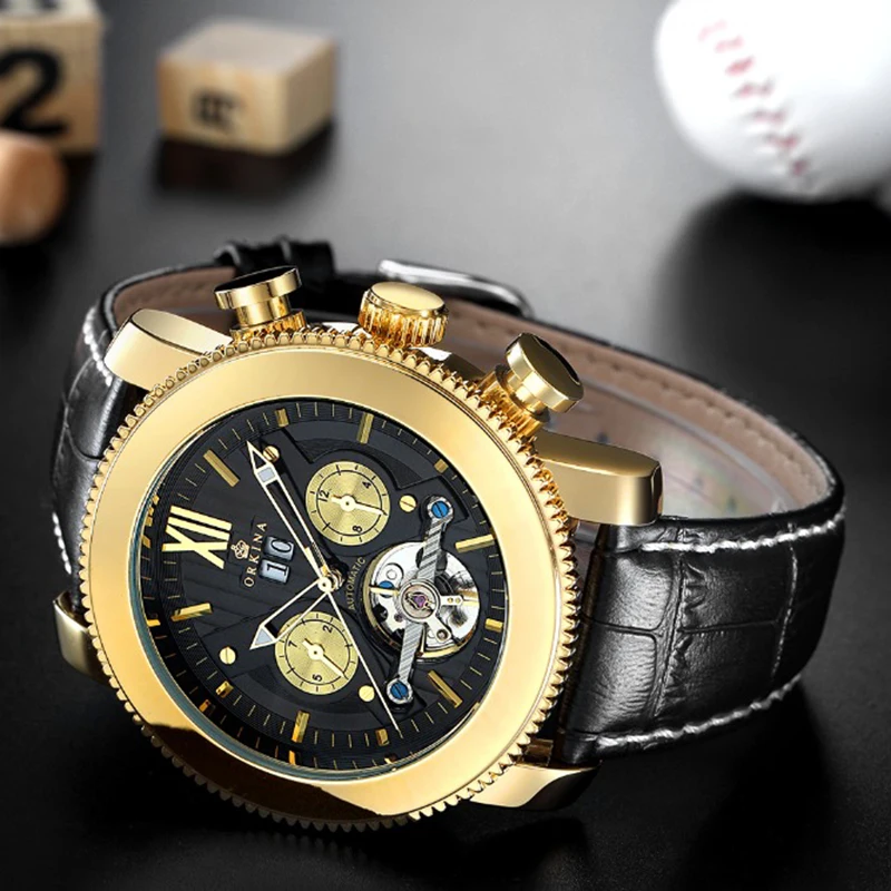 Imagem -04 - Orkina Tourbillion Moda Prata Relógio Preto Multi Função de Exibição dos Homens Relógio Mecânico Automático Marca Superior Luxo Relógio de Pulso