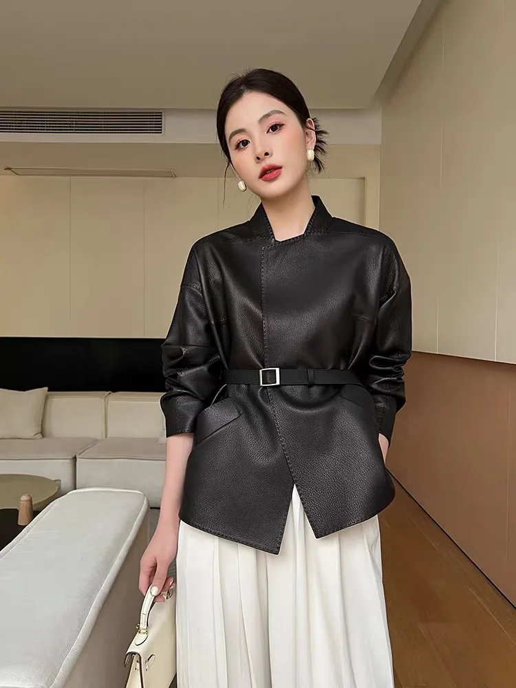 Moda donna abbigliamento elegante cappotto femminile in vera pelle con scollo a V telai giacche streetwear nero ufficio signora
