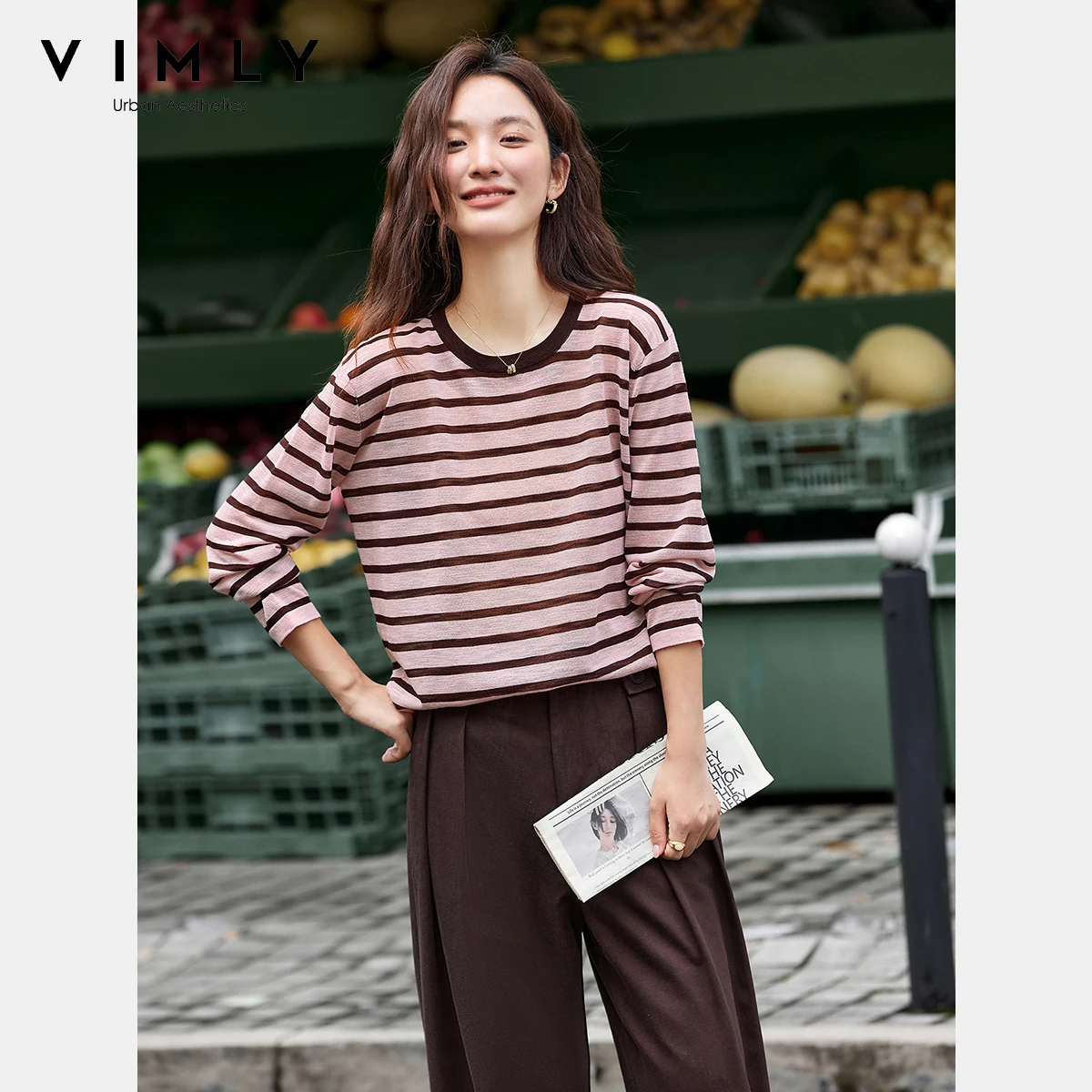Vimly outono camiseta mulher 2025 listrado em torno do pescoço contraste cor feminina camisetas casuais de malha manga longa solta senhoras topos 75105