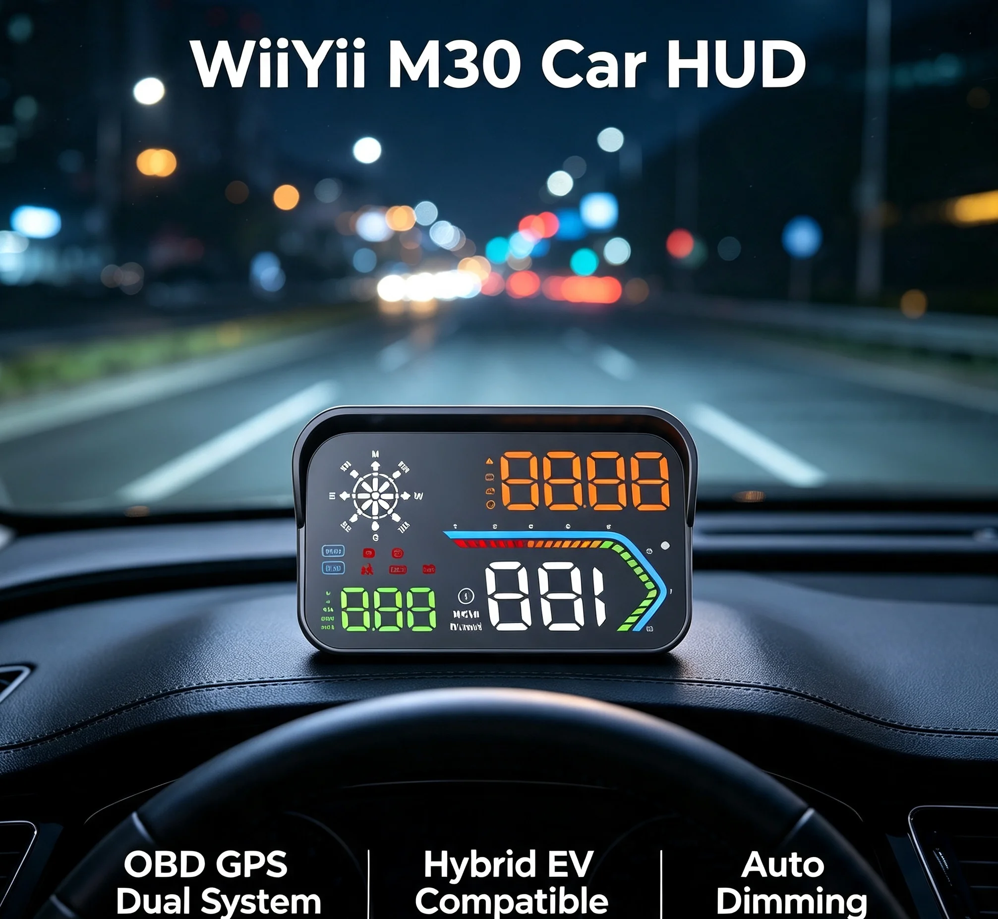 Multi-alarm WiiYii M30 OBD2+GPS Dual System 4.5-inch LED Metal NanoColor Screen Car Projector HUD Speed Compass Fuel/Water Temp