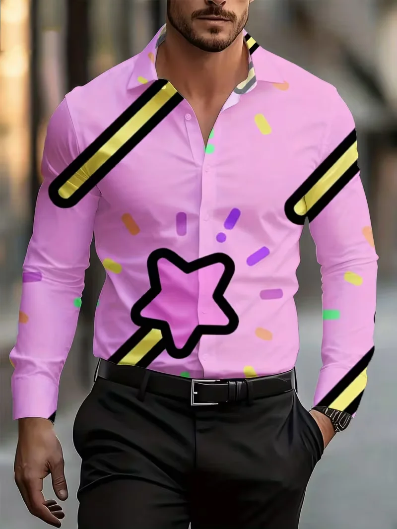

New men's fashionable 3D star printed shirt with casual long sleeved button design and fashionable shirt top