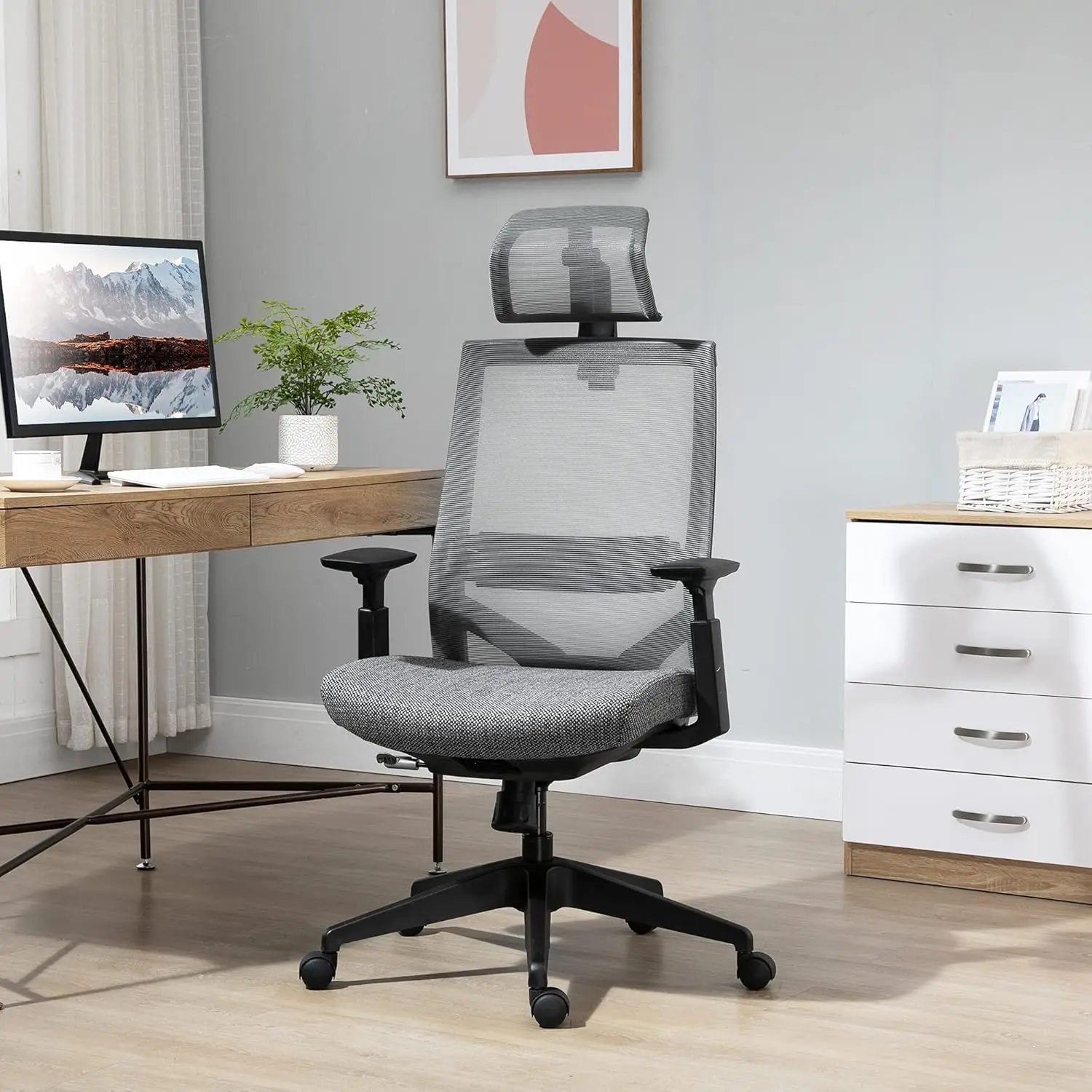 Vinsetto Mesh Fabric Home Office Task Chair with High Back, Adjustable Seat, Recline, Headrest and Lumbar Support, Grey