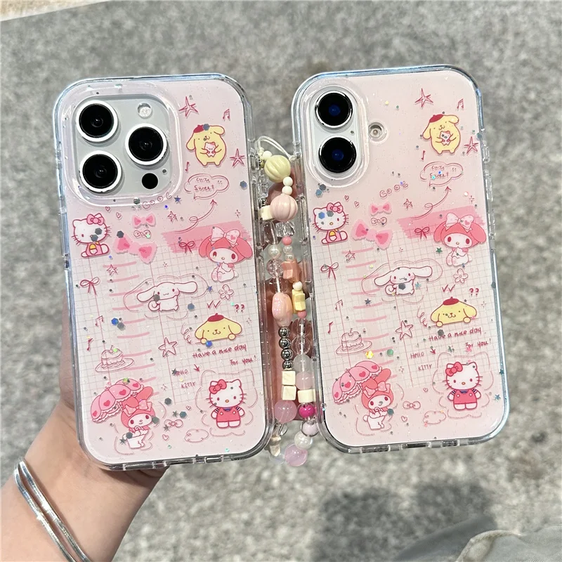 

Kawaii Carton Saniro Hellokitty Glitter Phone Case For iPhone 16 Pro 14 13 15 Pro Max Cover with Chain Lovely Cases