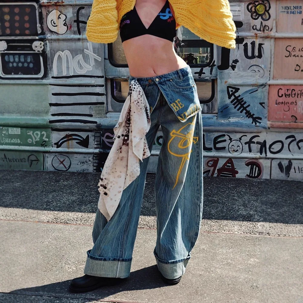 Women Jeans 2025 Retro High Street Double Waist Cargo Jeans Women's Y2K Fake Two Piece Wide Leg Floor Length Denim Pants