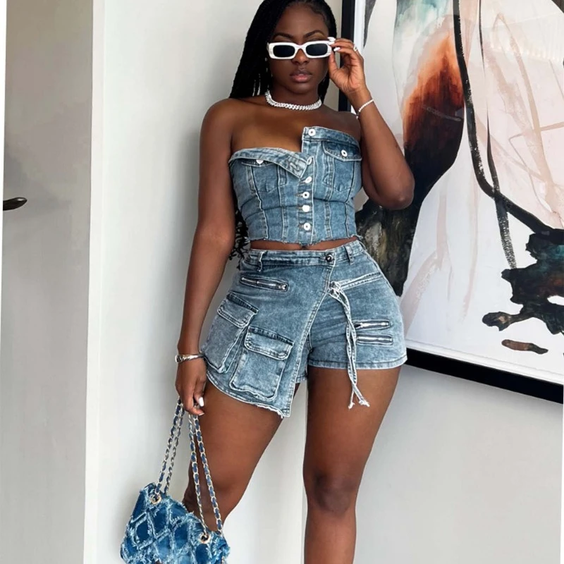 

Women Cargo Denim 2 Piece Set Single Breasted Strapless Tank Crop Tops Multi Pockets Shorts Skirts Stretch Jeans Culotte Suits