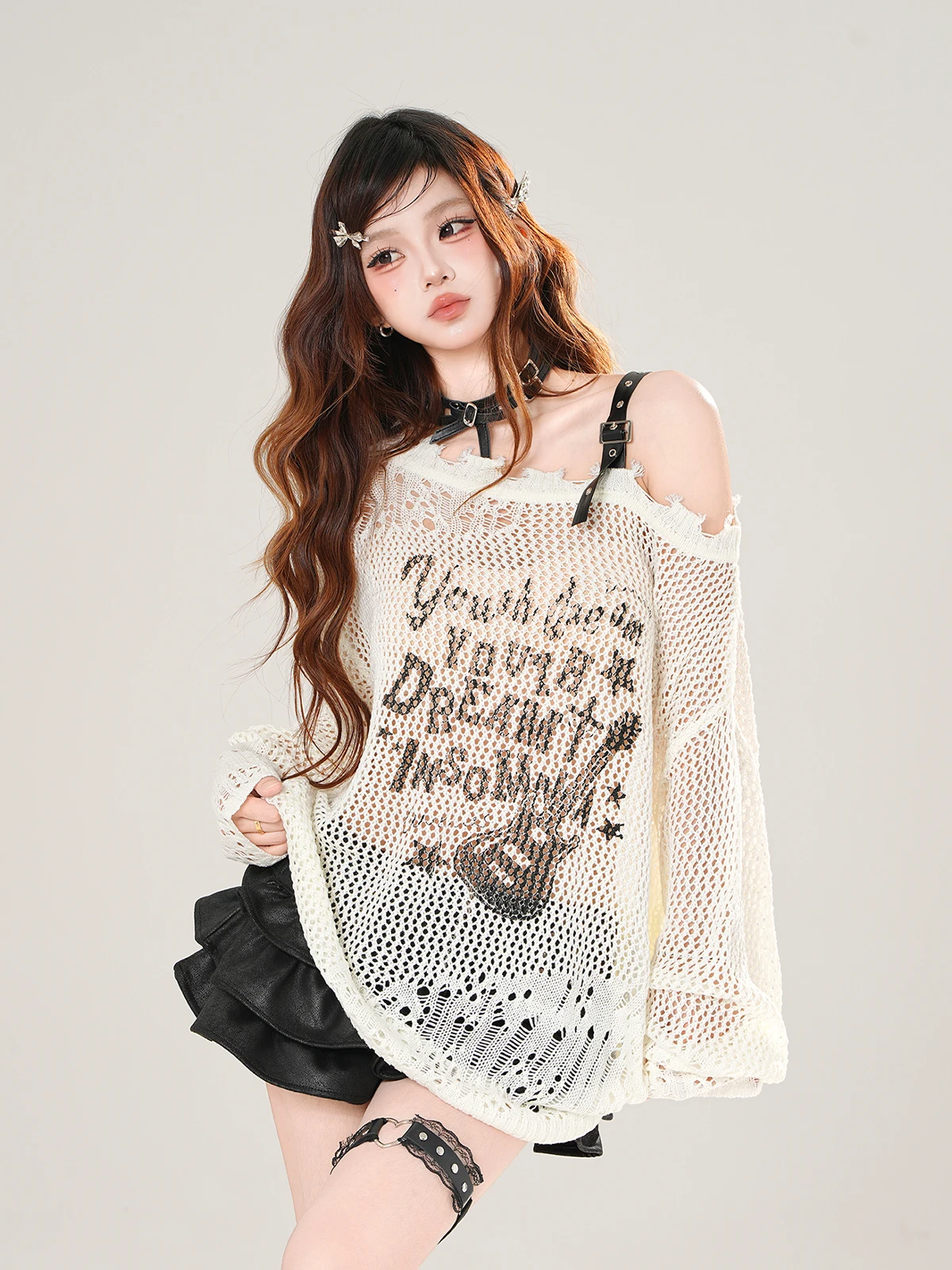 

Корейский вязаный топ с вырезами и открытыми плечами, свободного кроя, повседневный, осенний, из полиэстера