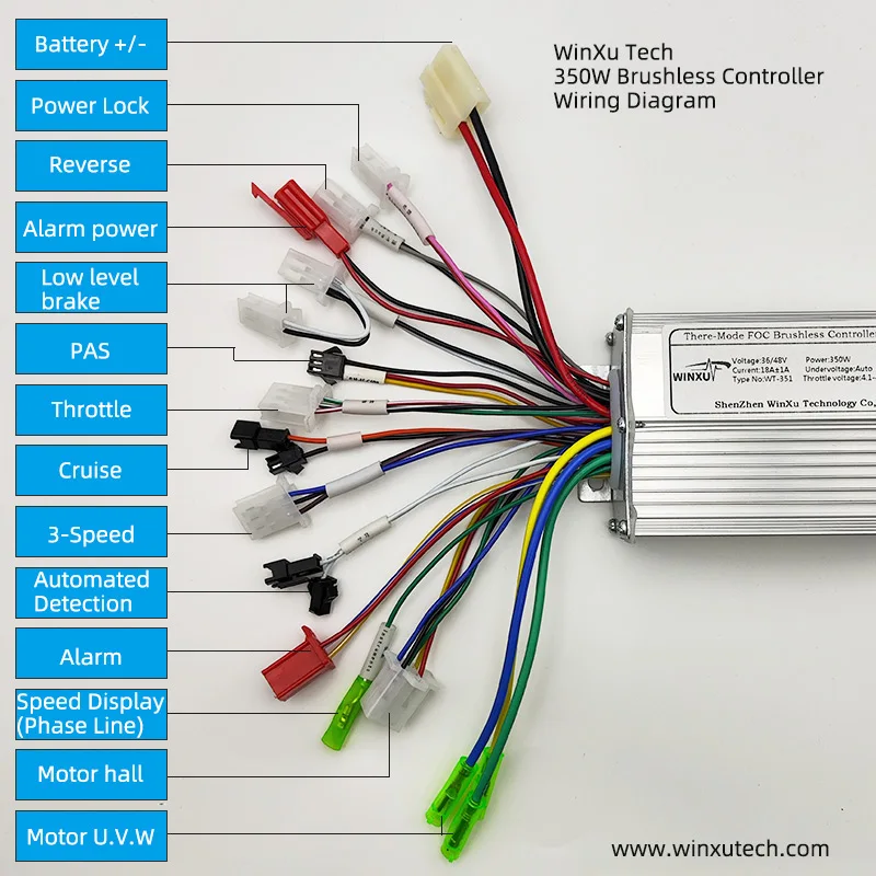 Motor sin escobillas de 36V, 48V, 350W, 18a, controlador de modo Dual para bicicleta eléctrica, bicicleta eléctrica, Scooter, motocicleta