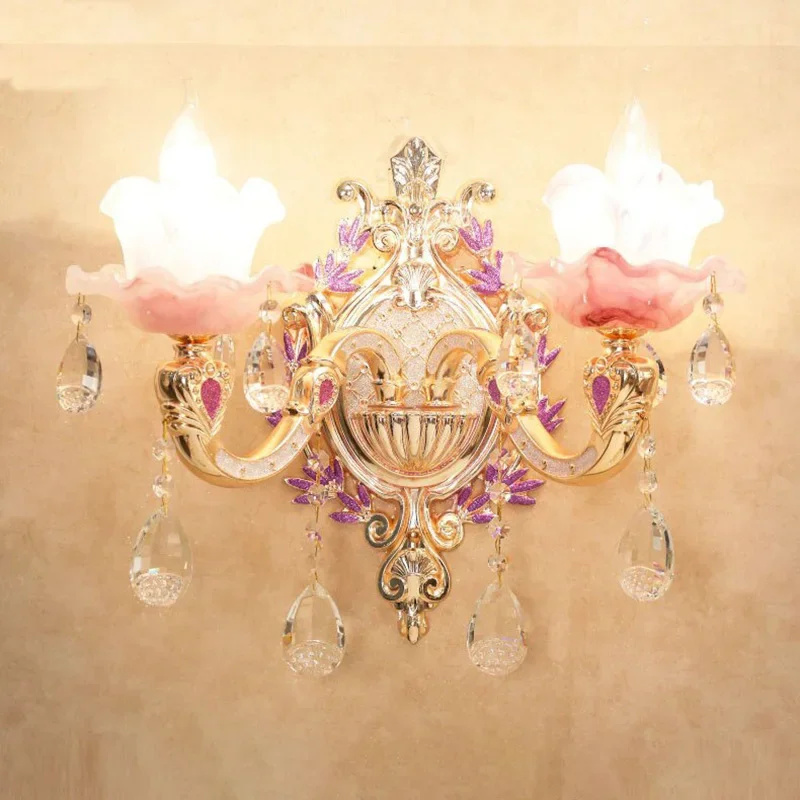 

European Purple Jade Double-Headed Crystals Wall Lamp Atmosphere Luxury Restaurant Villa Aisle Bedroom Bedside Decorative Light