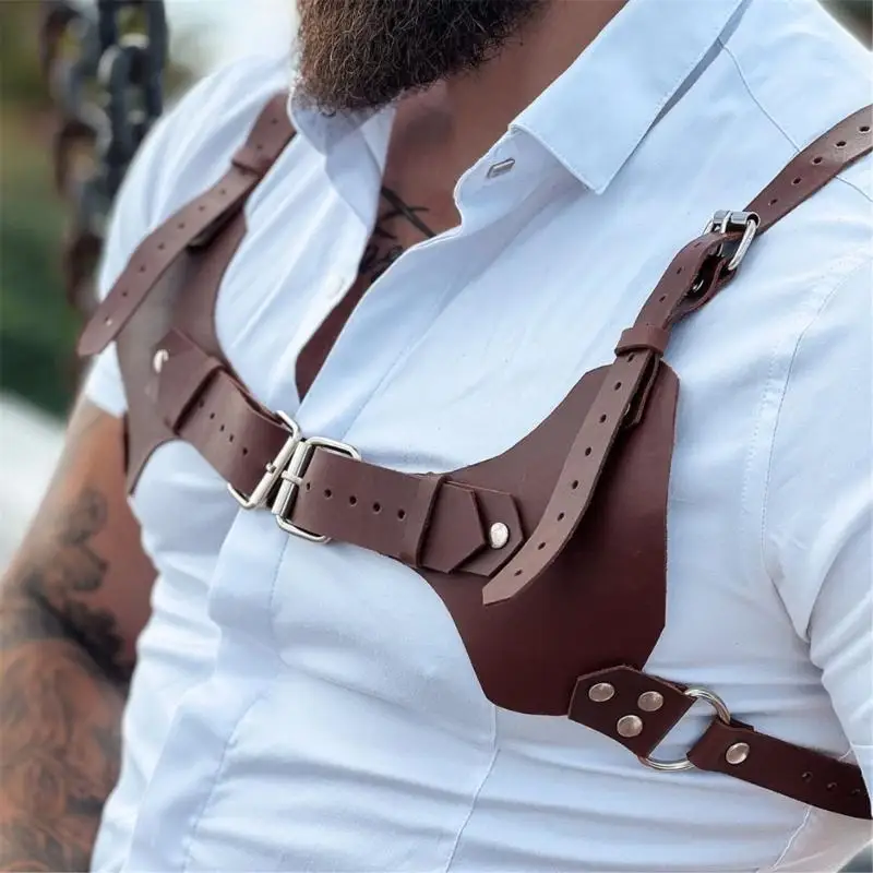 652F 조정 가능한 스트랩 버클 링 Clubwear 셀프 본디지 의상 남성 가죽 바디 가슴 하네스 멜빵 브라운 펑크 벨트