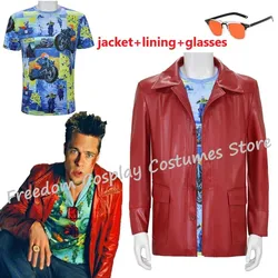 Movie Fight Club Tyler Durden Cosplay Costumes In Stock Brad Biker Leather Jacket Red Coat Shirt Glasses Halloween Party Suit