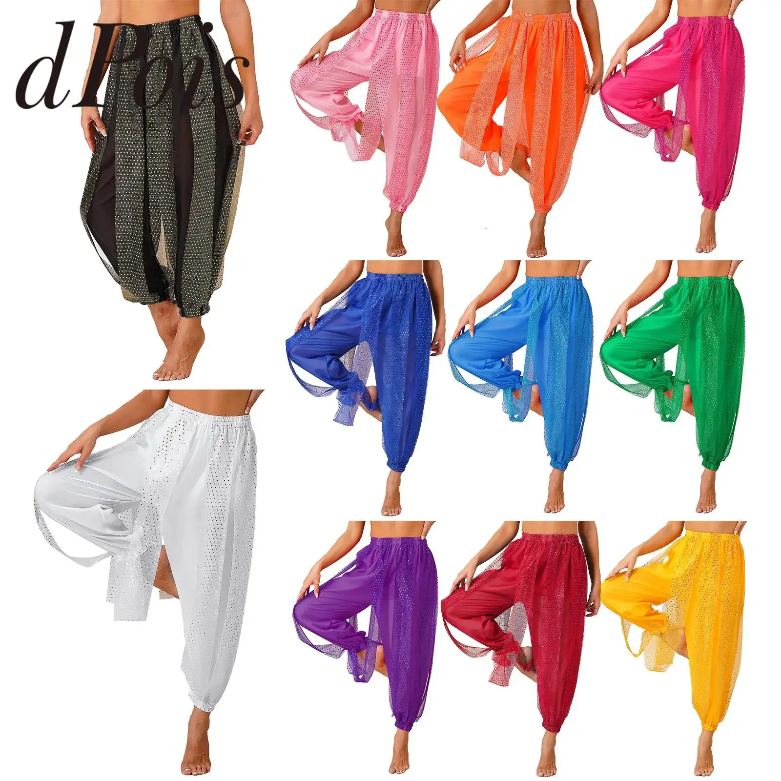 Women\'s Bellydance Coins Lantern Pants Side Split Sequin Shiny Harem Pants Arabic Halloween Trousers Adults Belly Dance Costume