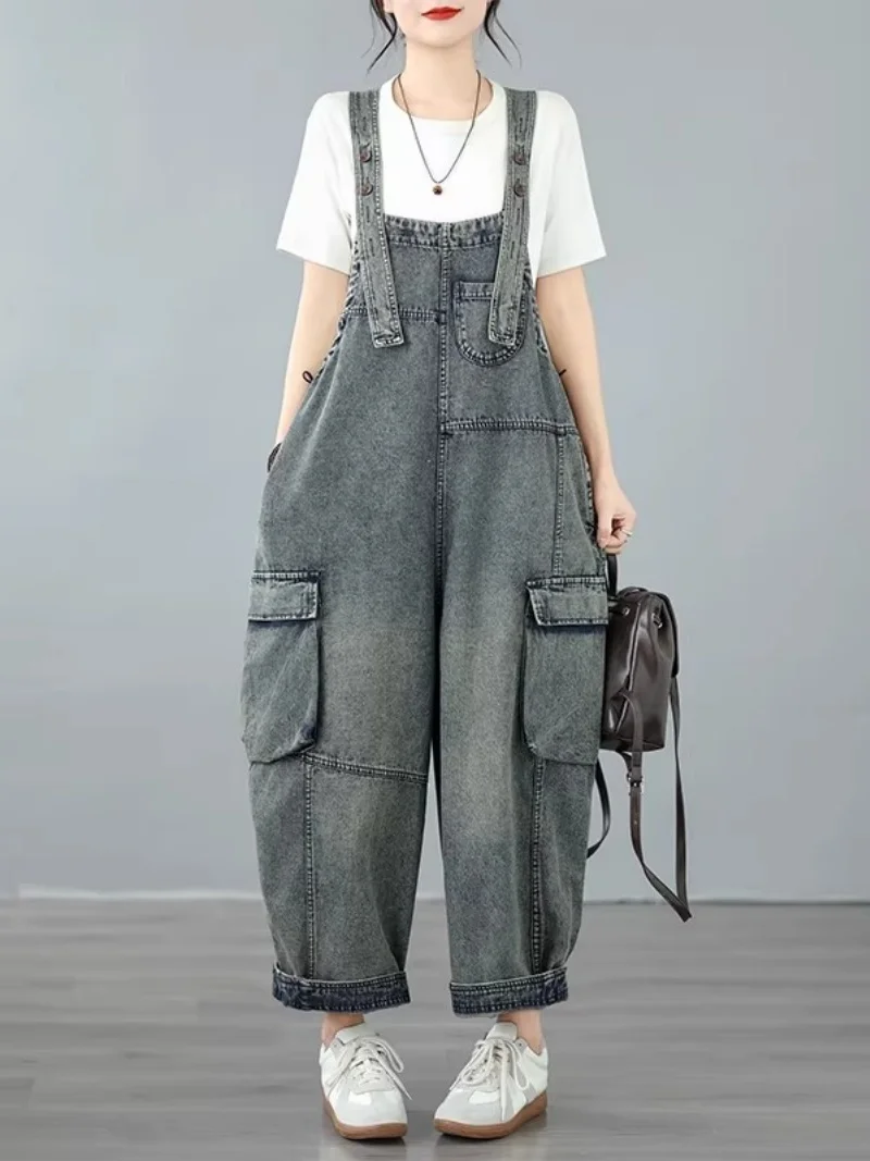 Denim Jumpsuits For Woman Vintage 2026 Summer New Casual Plus Size Women's Retro Loose Versatile Jeans Overalls j309