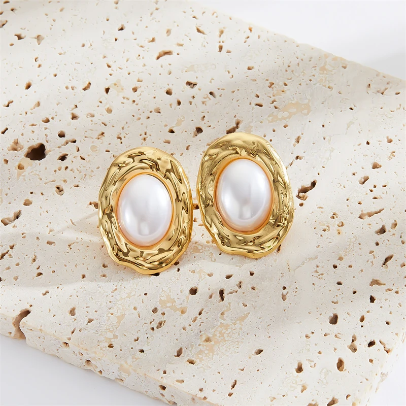 أقراط مرصعة بشكل بيضاوي غير منتظم للنساء ، فولاذ مقاوم للصدأ 316 لتر ، طراز فرنسي قديم ، لؤلؤ مُدمج ، مجوهرات راقية ، موضة جديدة ، #4