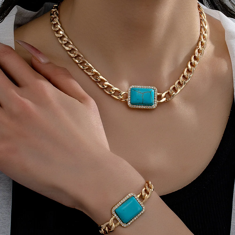 Jewelry Set For Women Geometric Square Turquoise Temperament Necklace Bracelet Holiday Party Gift Fashion Accessories CS022