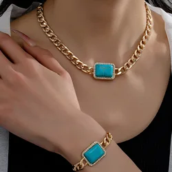 Jewelry Set For Women Geometric Square Turquoise Temperament Necklace Bracelet Holiday Party Gift Fashion Accessories CS022