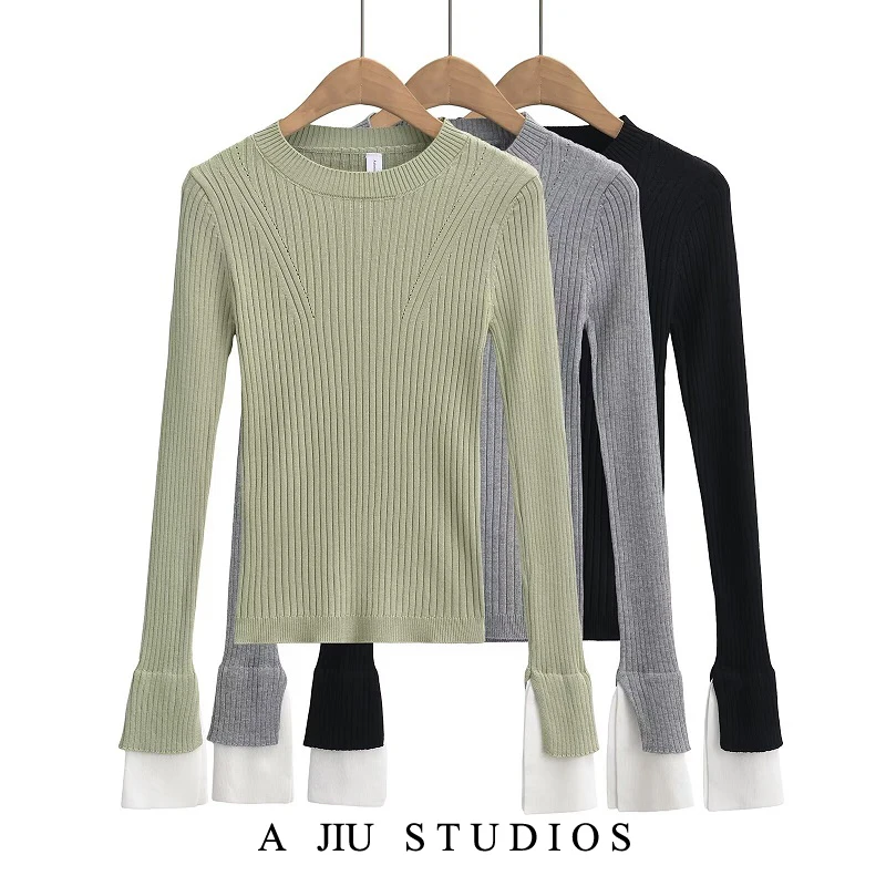 

Ele Color Blo Трикотаж Женский ор Све круглый пуловер Ne Весна Осень Faion Commute Sle Base Layer Top