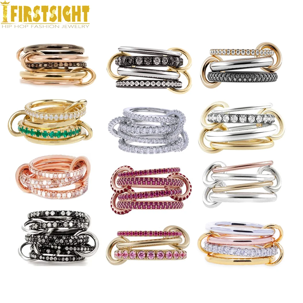 New Iced Out Multi Color Link Chain Connect Band Finger Ring Multilayer Connecting Rings For Women Fashion Jewelry