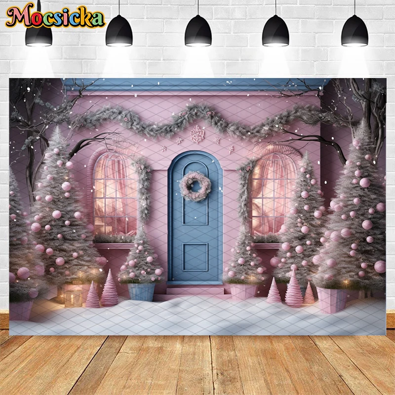 Foresty Sweet Shop Xmas Backdrops Kids Girl Photography Props Child Adult Winter Christmas Pink Snowy Store Front Background