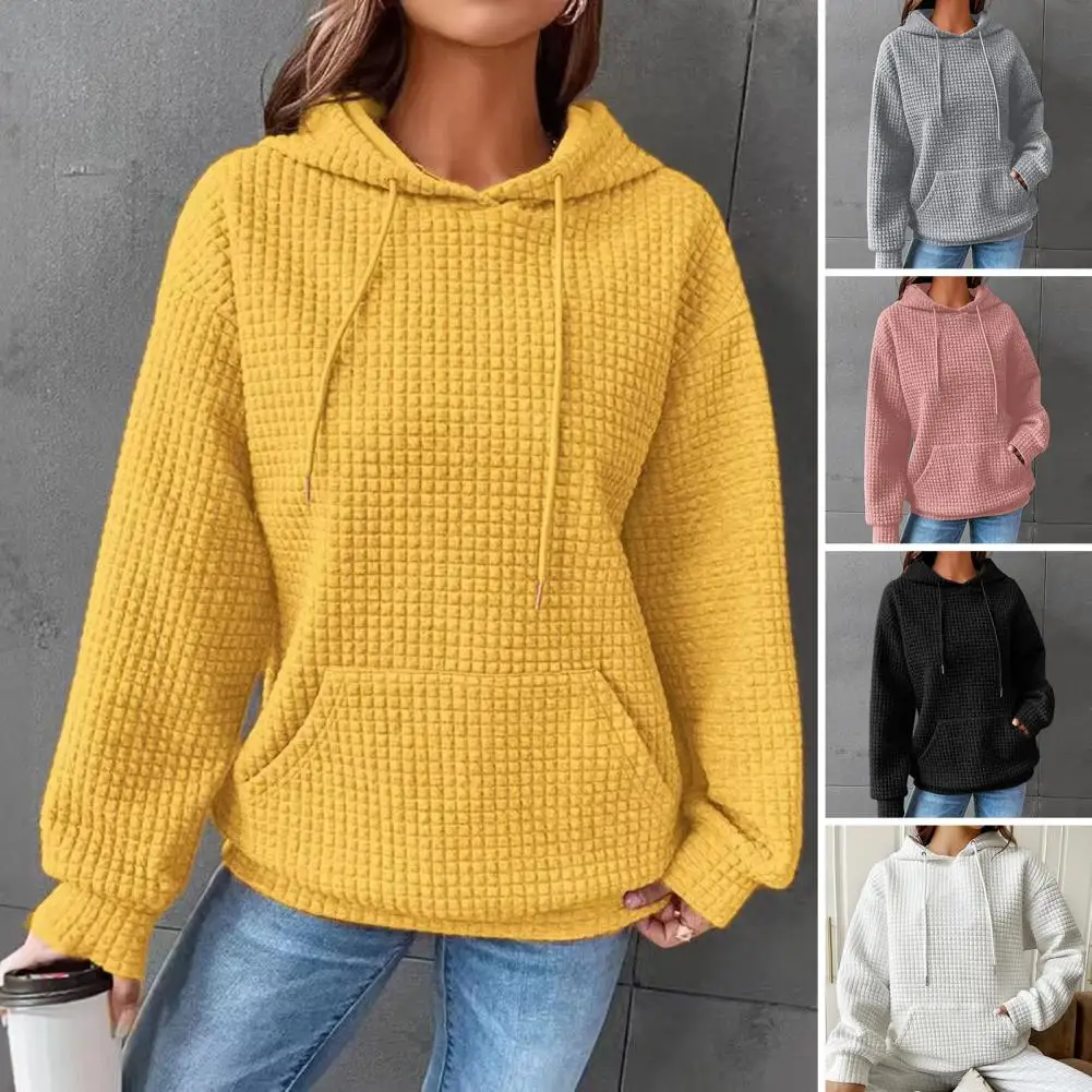 

Women Hoodie Cozy Drawstring Hoodie with Big Patch Pocket for Women Warm Waffle Texture Pullover Top Loose Fit Long Sleeve