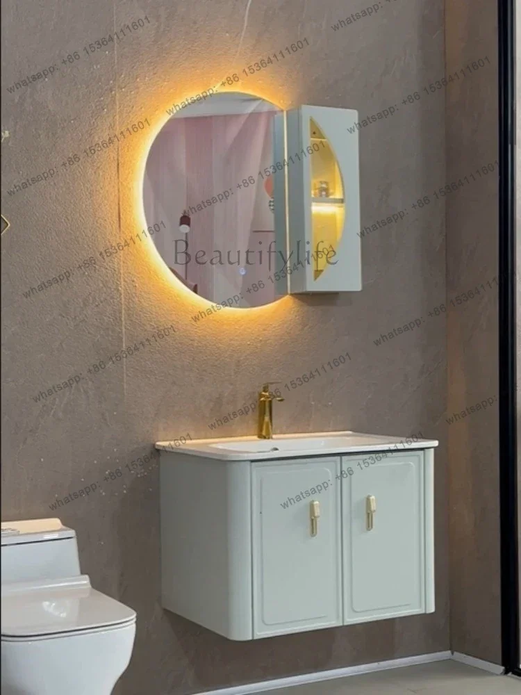 Cream style oak rounded corner bathroom cabinet combination ceramic integrated basin slate seamless toilet vanity