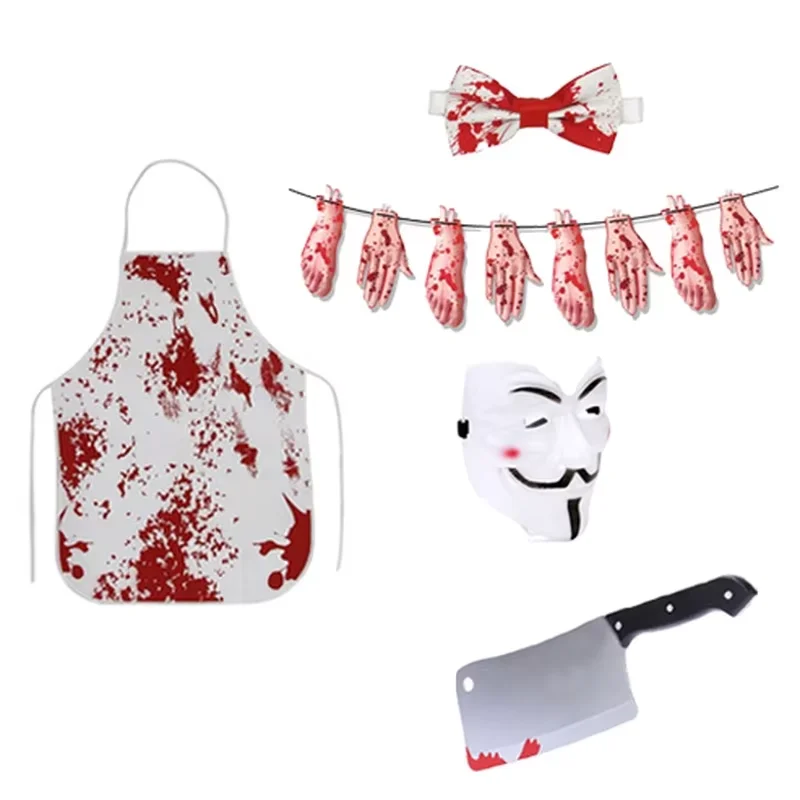 PESENAR   Blood Stain Simulation + Funny Props Halloween Horror Butcher Set Bloody Apron Kitchen Knife Cos Outfit