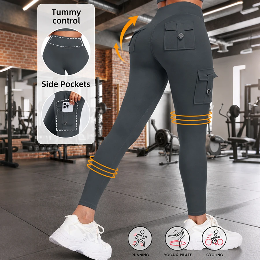 Cargo Leggings for Women Tummy Control Butt Lifting  Sports Leggings with Pockets Fitness Yoga Pants Gym Clothing Sportswer