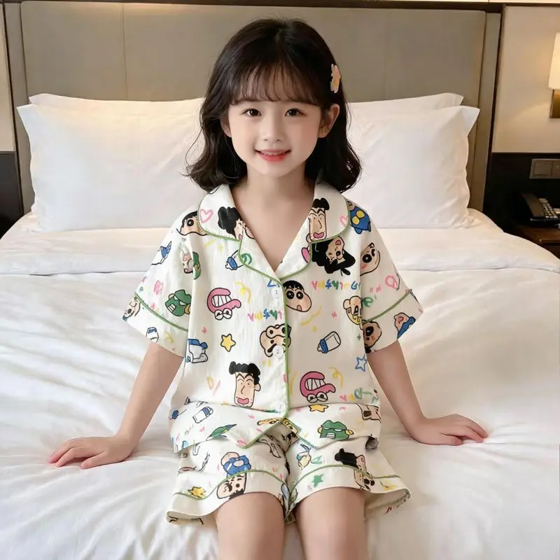2Pcs Kawaii Crayon Shin-Chan Girls Boy Pajamas Set Fashion Print Tops Thin Short Sleeve Shorts Sleepwear Cartoon Anime Homewear