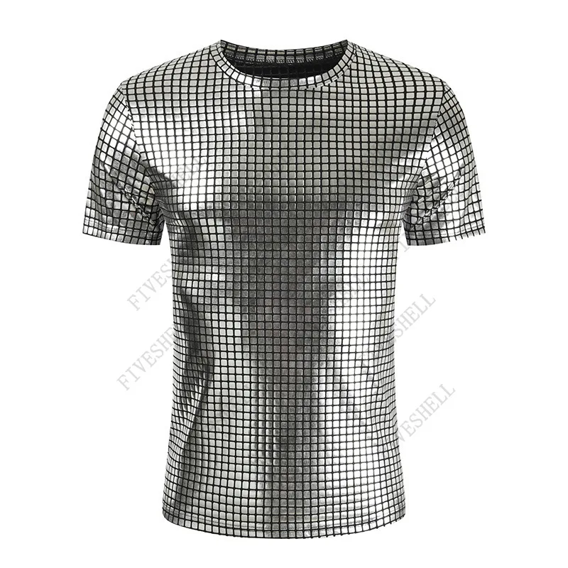 Camiseta a cuadros para hombre, camisa de manga corta, ajustada, con revestimiento metálico, para DJ, club nocturno, escenario, cantante, disfraz de