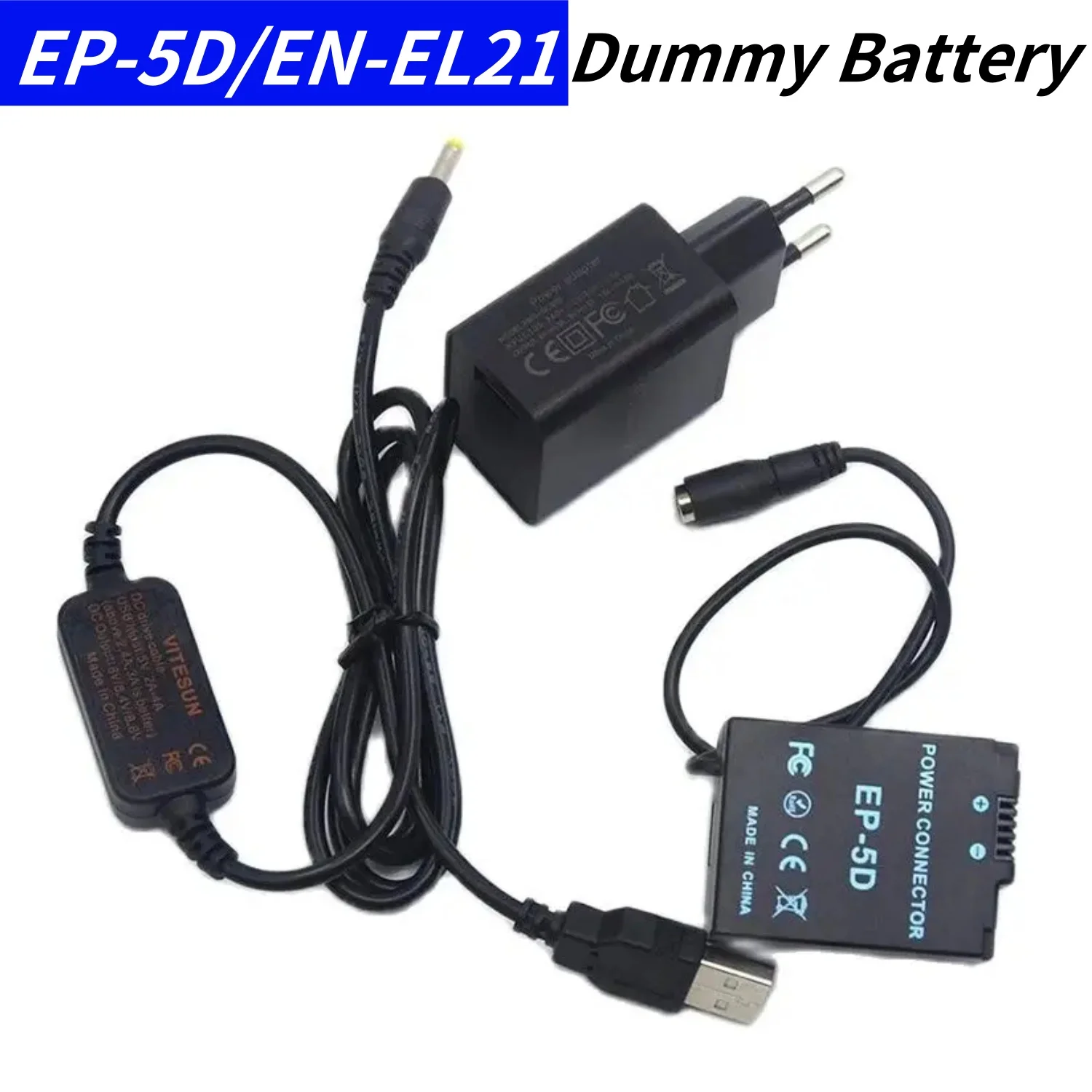 

EN-EL21 Dummy Battery EP-5D DC Coupler&DC Cable to USB&18W Charger for Nikon 1 V2 1V2 Cameras