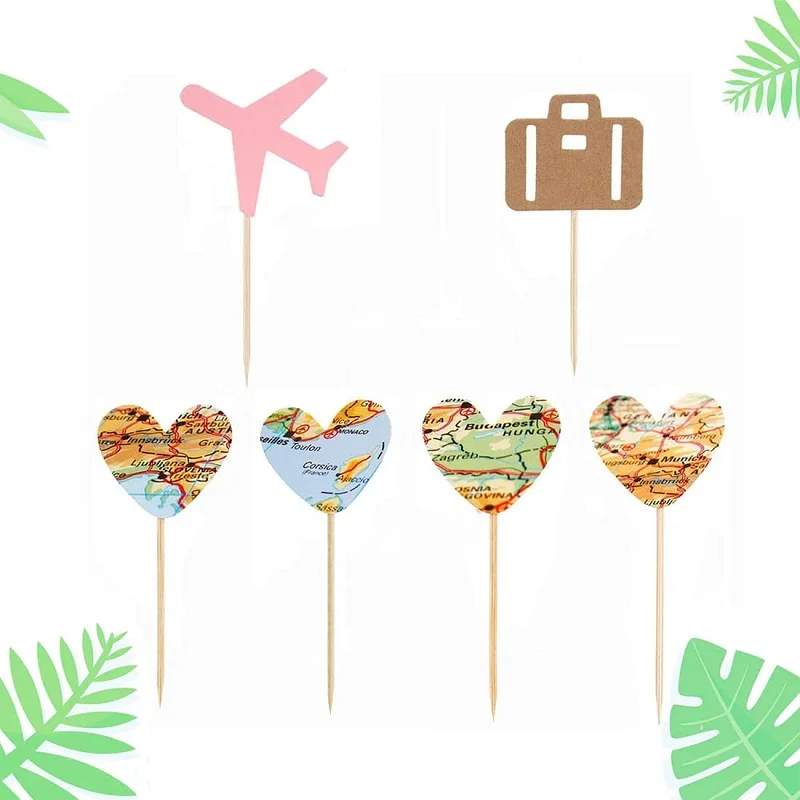 Reise-Cupcake-Topper, Flugzeugkarte, Herz, Reise-Kuchenaufsatz, Picks für Weltreisen, Mottoparty, Geburtstag, Babyparty, Hochzeit – Detail 1