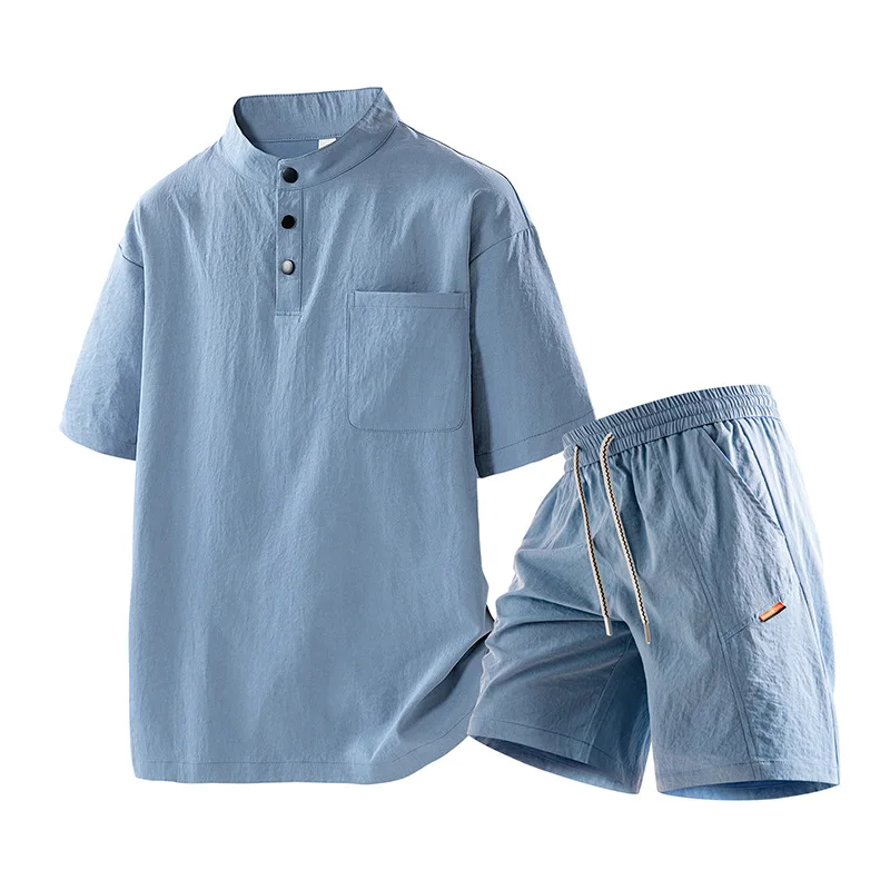 

Мужской комплект из 2 предметов, летние рубашки с коротким рукавом и воротником на пуговицах и шорты, мужская повседневная уличная одежда, повседневная одежда, стильная одежда 2025 г.