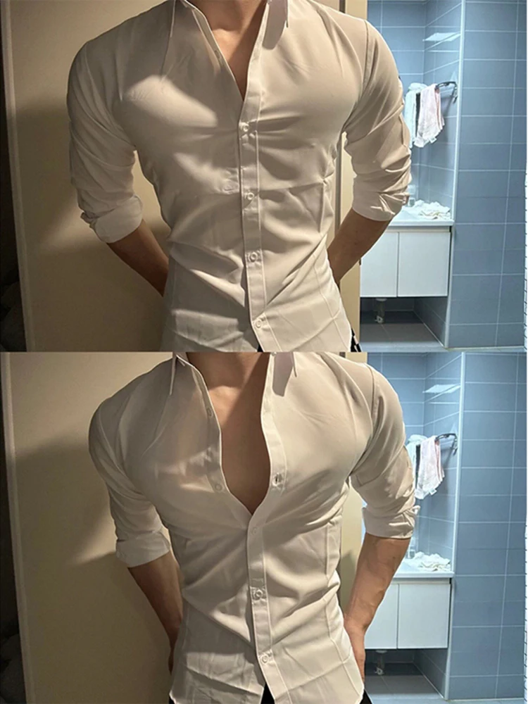 

White Neapolitan Long Sve irt Slim Fit Muscle Enhancing Spring Faionable Casual Polyester Fiber Non Iron Treaent