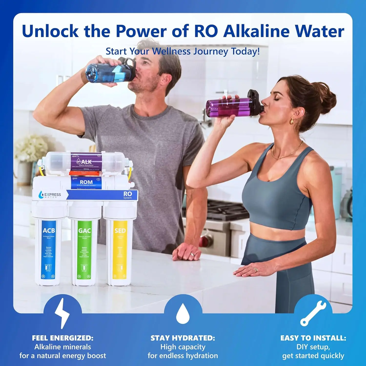 ROALK5D, 10-Stage Under Sink RO System, Alkaline, 50 GPD | NSF Certified 372, Deluxe Chrome Facuet, Reduces 99% of Impurities