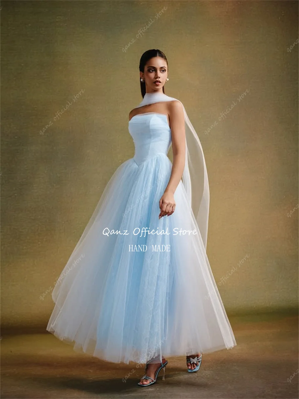 Qanz céu azul tule vestidos de noite uma linha rendas vestidos de fiesta elegantes 2025 tornozelo comprimento robe de soirée personalizado