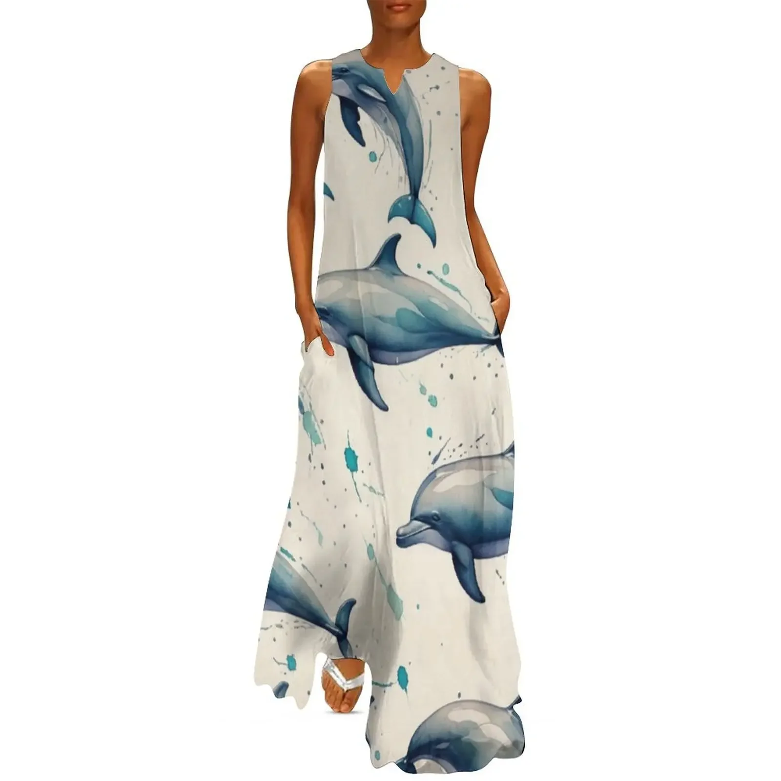 

Vintage Watercolour Dolphin Print Long Dress Women's dresses womens clothing Dress