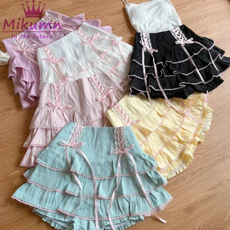 Mikumn Japanese Harajuku Girls Kawaii Lace Pleated Skirts Women High Waist Bow Lace-up Fairy Y2k Aesthetic Cute Cake Mini Skirts