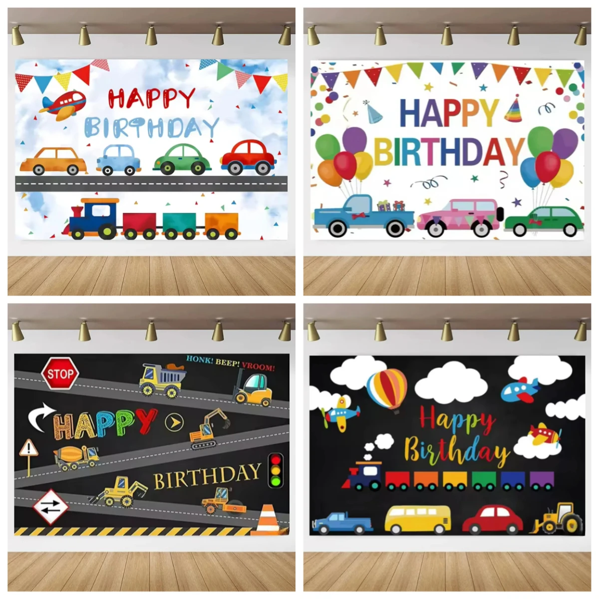 

Cartoon car birthday party decoration for boys and girls' 1st birthday background photography studio train racing traffic theme