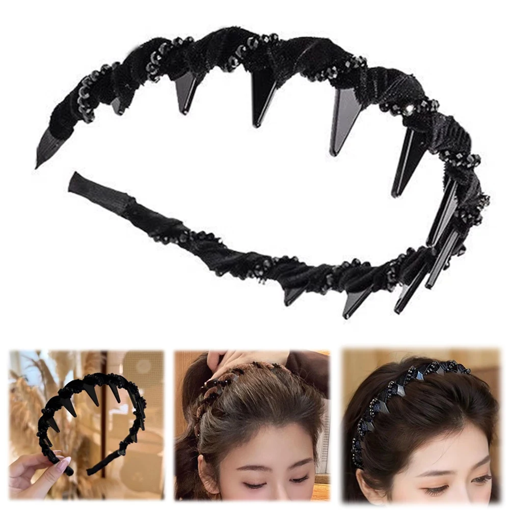3Pcs Velvet Glitter Headband Wear Resist Vintage Pearl Headwear Multi-Purpose Diamond Fixed Headwear for Women Girls