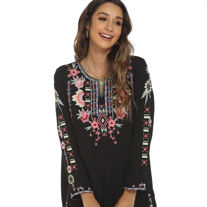 Eaeovni Women\'s Mexican Embroidered Tops Traditional Boho Hippie Clothes Peasant Blouse Bohemian Long Sleeve Shirt Tunic