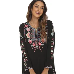 Eaeovni Women's Mexican Embroidered Tops Traditional Boho Hippie Clothes Peasant Blouse Bohemian Long Sleeve Shirt Tunic